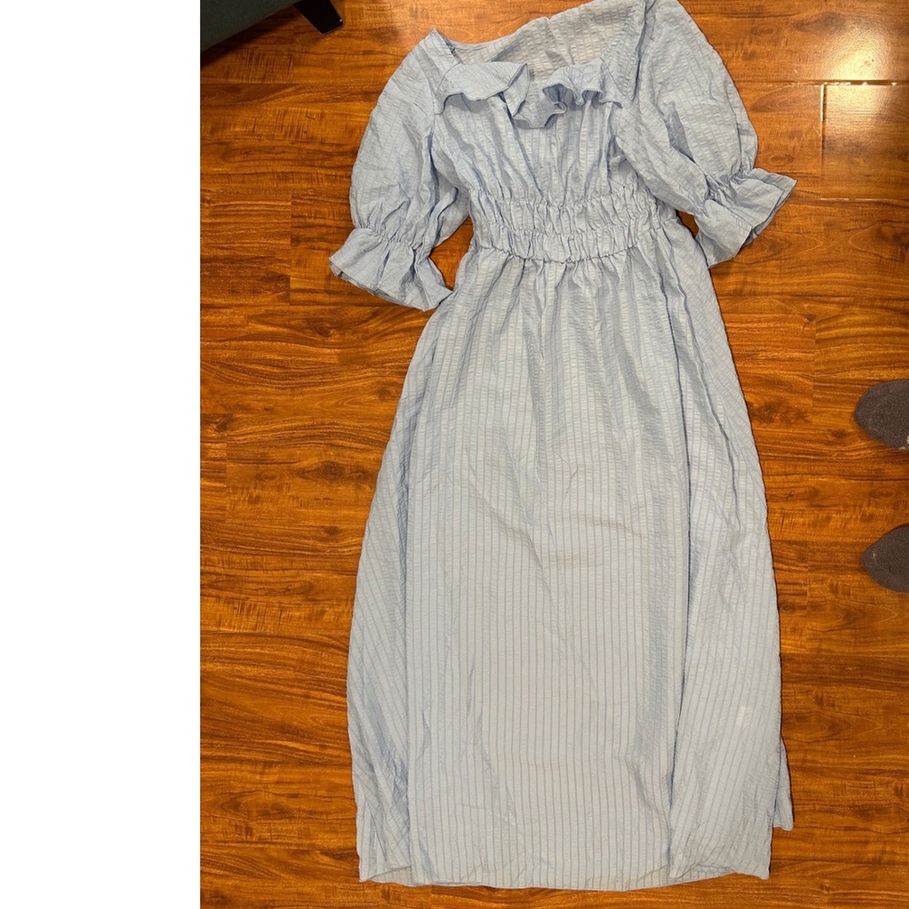 VTG Peasant Blue Prairie Dress Long Maxi Short Sleeve Embroidered Size M/L - Picture 3 of 16